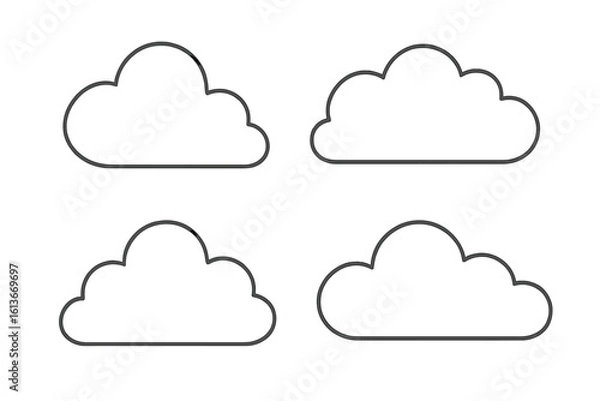 Fototapeta Cloud line icon set. Collection of simple outline weather symbols. Four different cloud shapes in a minimalist linear style. Vector graphic element for cloud computing or app.