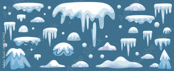 Fototapeta Snowy Ice Caps and Hanging Icicles – Isolated Vector Elements for Frozen Roof Edges, Winter Scenes, and Holiday Design Projects

