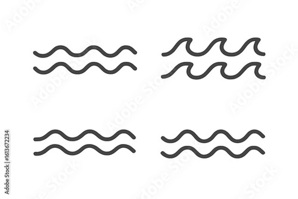 Fototapeta Water wave line icon set. Vector symbols of sea, ocean, river flow. Simple liquid ripple, stream, and current graphic. Abstract nature sign for weather or aquarius.