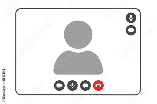 Fototapeta Video call screen interface template for online communication. Vector illustration of a conference app display with user avatar placeholder and control buttons on a transparent background.