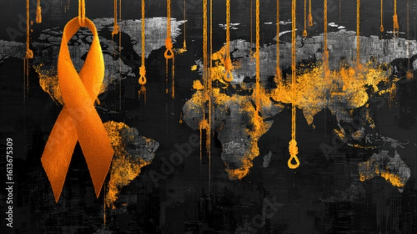 Fototapeta Global Awareness and Support for HIV/AIDS Prevention with Orange Ribbon and World Map Background