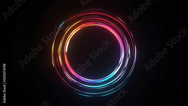 Fototapeta Black deep void abstract background. Iridescent concentric circles with glowing neon lights. Color gradient ombre blend. Smooth transition. Bright shimmer glow. Holographic noise blur