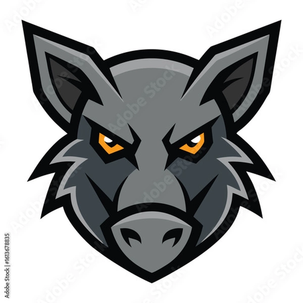 Fototapeta Fierce gray boar head mascot with intense orange eyes and sharp features