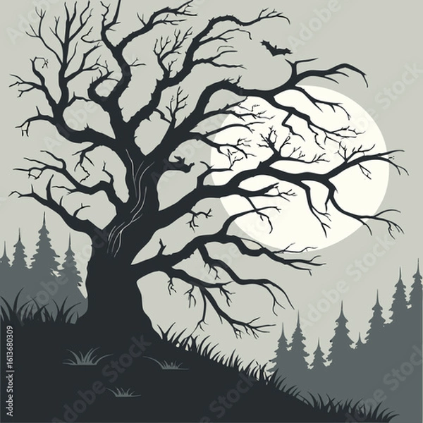 Fototapeta Black vector silhouette illustration of an old tree with branches, leaves, and birds in a forest landscape, perfect for nature and season designs