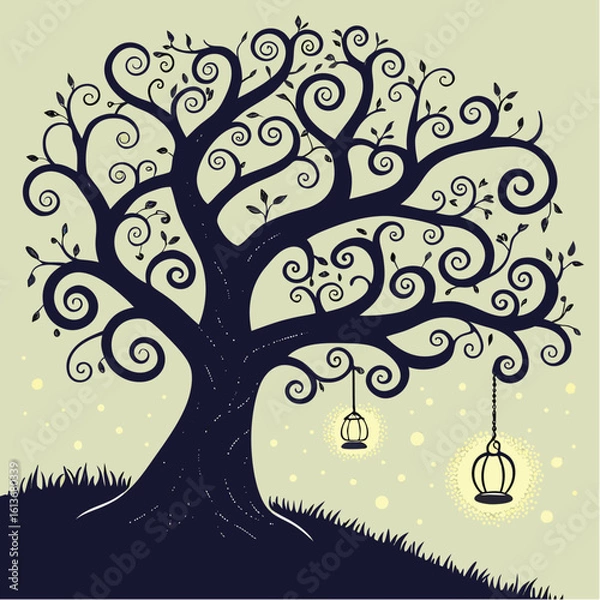 Fototapeta A magical nature vector illustration of a tree through seasons, from a spring tree with heart leaves to a winter silhouette adorned with 