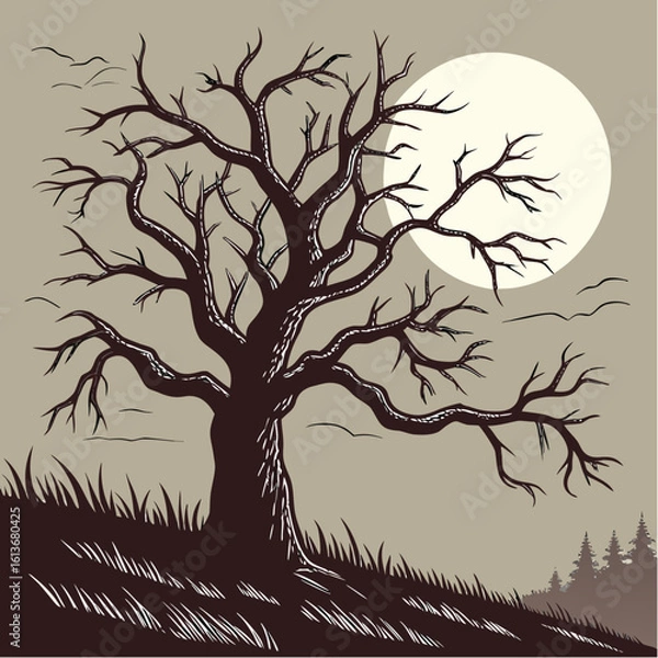 Fototapeta A striking black silhouette of an oak tree with delicate branches and leaves, perfect for vector illustration or 