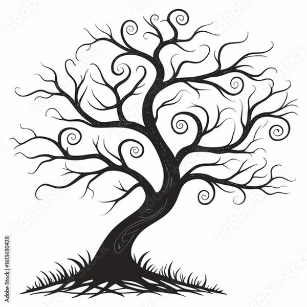 Fototapeta A black ornate floral tree silhouette vector with swirling branches and leaf nature design