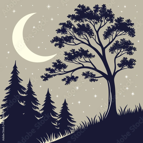 Fototapeta Winter night forest with snow and Christmas trees under a starry sky