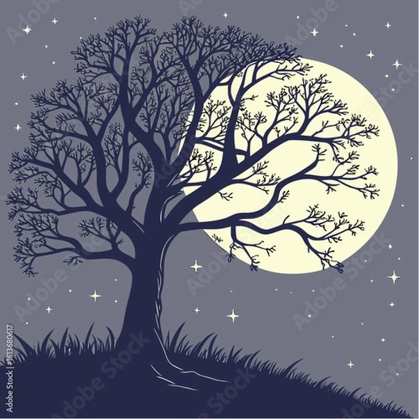 Fototapeta Winter night tree landscape under starry sky with moon and snow