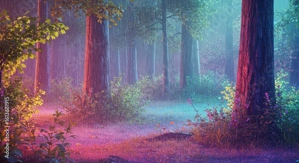 Obraz Magical, colorful forest at dawn