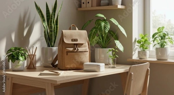 Obraz Home office with plants and backpack
