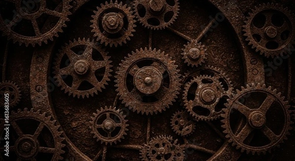 Fototapeta Intricate Clockwork Gears Mechanism Rotating Motion Abstract Background