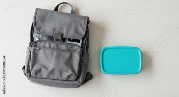Obraz Gray backpack and teal lunchbox