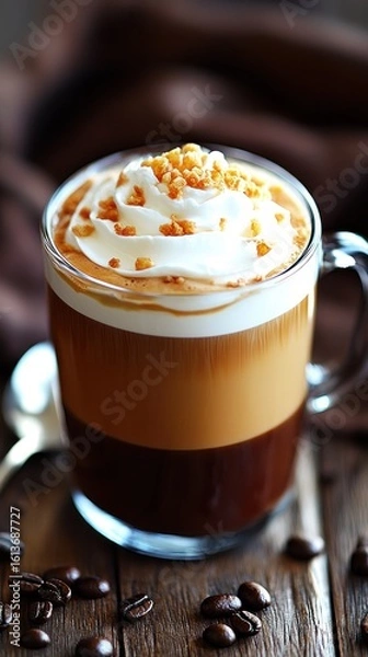 Fototapeta Layered coffee drink with whipped cream and toffee bits in glass mug