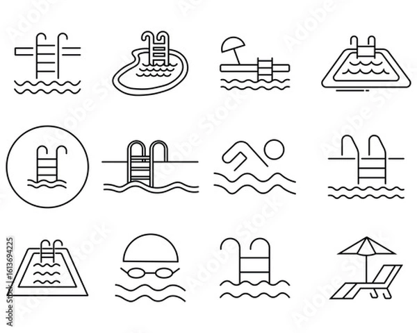 Obraz Swimming pool icon vector set. Contains such icons as swimming pool, swimmer, dive, shower, diving, lifestyle and more. Dive icon collection. Simple vector illustration.
