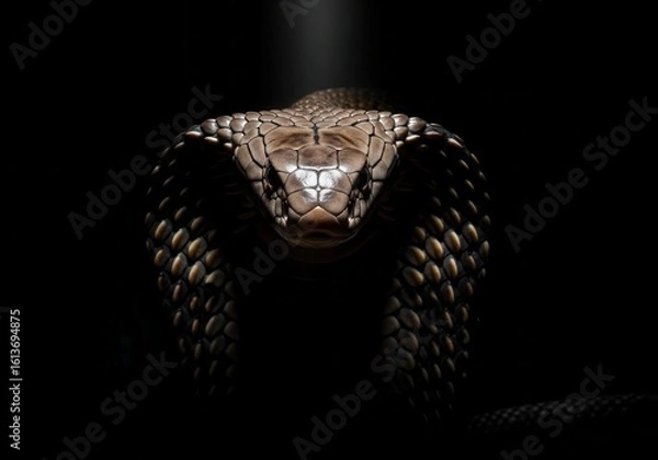 Obraz Intense Close-Up of a Cobra's Head with Hood Expanded in Dramatic Spotlight