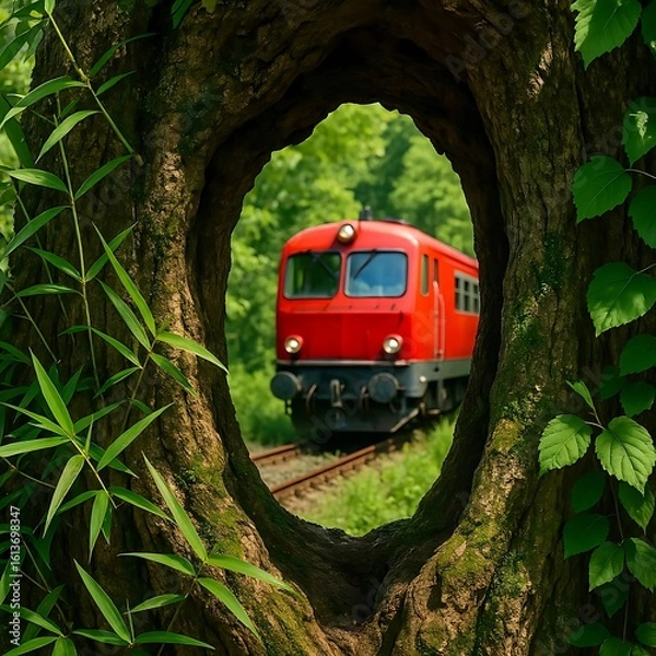 Obraz Red Train in a Natural Tree Tunnel