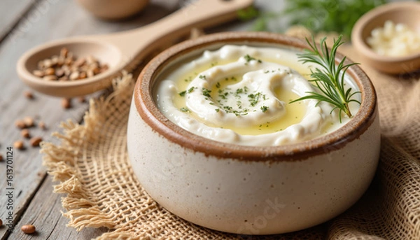 Fototapeta Creamy yogurt dip drizzled with olive oil and garnished with herbs  