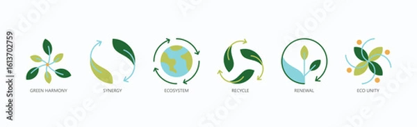 Fototapeta Sustainable Synergy Icon Set Isolated Vector With Icon Of Green Harmony, Synergy, Ecosystem, Recycle, Renewal, Eco Unity In Flat Style