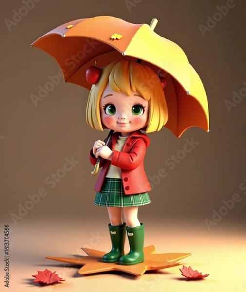 Fototapeta Charming girl with an umbrella in the autumn rain