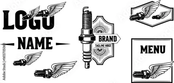 Fototapeta Winged motorcycle spark plug. Design elements for logo, label, sign, menu. Vector illustration
