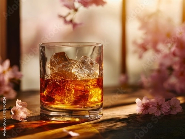 Fototapeta Whiskey Glass with Ice and Cherry Blossoms on Wooden Table