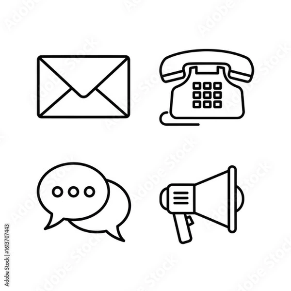 Fototapeta Communication outline icon set for business contact and support. Vector symbols including email, telephone, chat, and announcement.