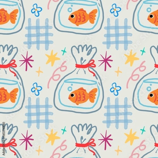 Fototapeta Cute Goldfish in Bowl Seamless Pattern for Kids