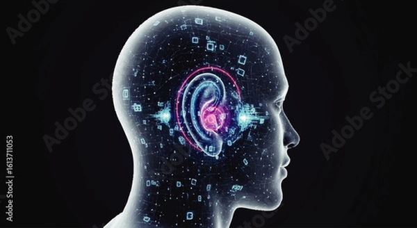 Obraz Human head profile showcasing internal auditory processing, sound waves visualized within the brain.