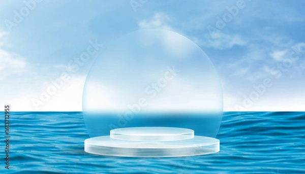 Obraz Glass podium display on ocean water with transparent crystal sphere and cloudy blue sky. Minimalist 3D showcase for product or cosmetic branding.