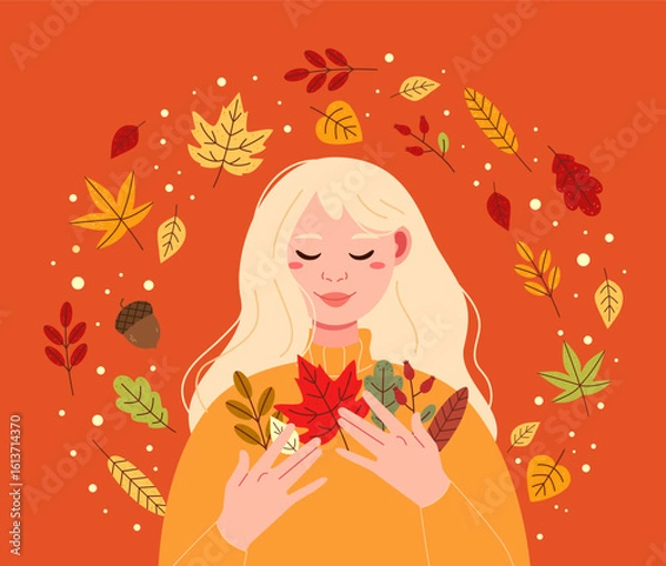 Obraz A beautiful woman with an autumn bouquet. Autumn vertical postcard. Hand-drawn style.