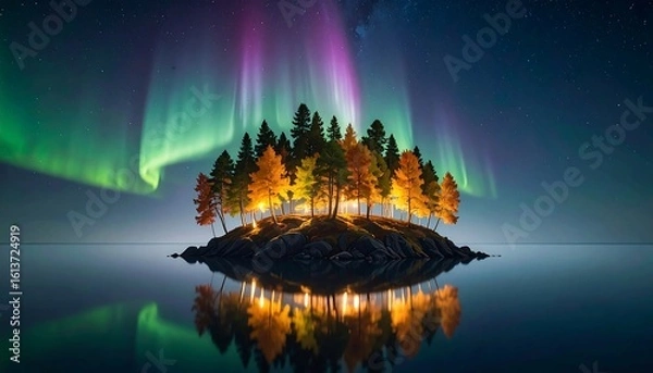 Fototapeta Island with auroras reflect