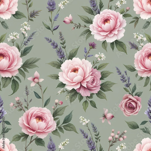 Obraz Elegant Floral Seamless Pattern with Pink Peony on Green Background