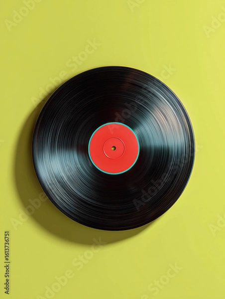 Fototapeta Vinyl record with red label isolated on yellow background