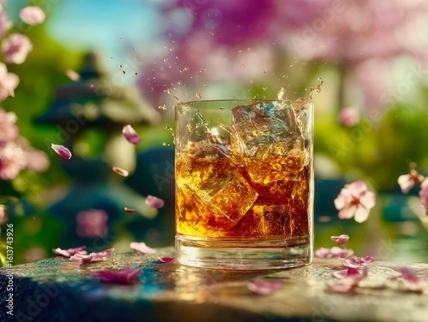 Obraz Whiskey Glass with Ice and Cherry Blossoms on Wooden Table