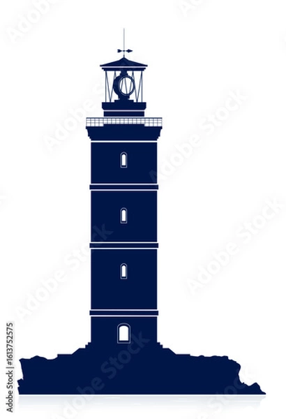 Fototapeta Vector silhouette of a massive blue lighthouse on white background. Bold, minimalist design ideal for nautical themes, guiding light concepts, and coastal branding visuals.