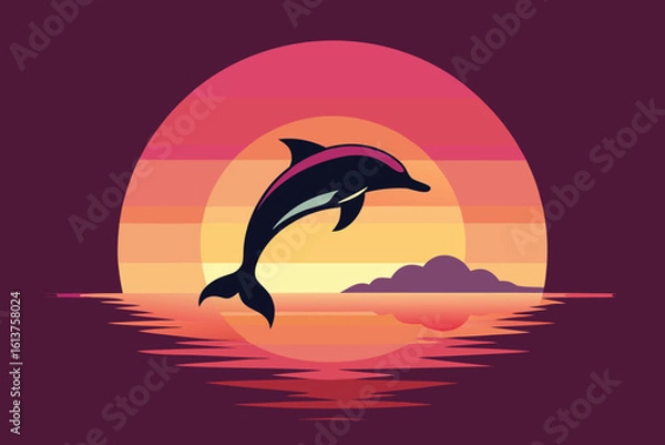 Fototapeta Dolphin Jumping at Sunset with Retro Colors and Graphic Style