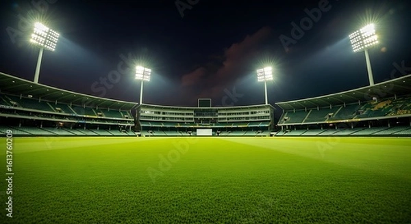 Obraz Illuminated cricket stadium at night featuring bright stadium lights