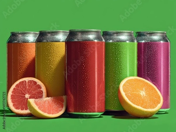 Obraz Vibrant Beverage Cans with Citrus Slices on Green Background