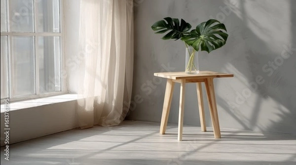 Fototapeta Scandinavianstyle cozy reading nook with natural sunlight softening sheer curtains a teak side table holding a lush monstera plant minimalist warm aesthetic