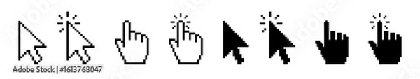Fototapeta Pixel cursor set. Mouse click, arrow cursor pointer collection.