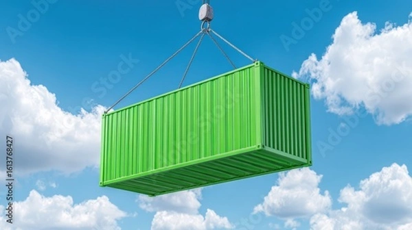 Fototapeta A shipping container being lifted by a crane hook against a bright blue sky with some scattered white clouds.