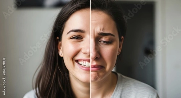 Fototapeta Split screen portrait of young woman showing contrasting emotions - happy smiling on left side, sad crying on right. Mental health, mood, and emotional wellness concept.