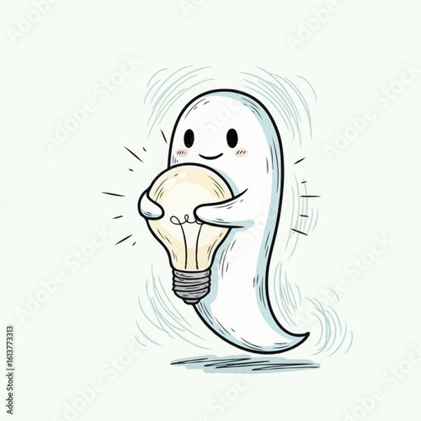 Fototapeta A cute ghost holding a lightbulb with a bright new idea concept
