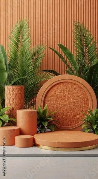 Fototapeta Terracotta pedestals and lush greenery against textured orange wall