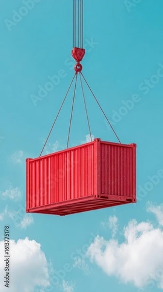 Fototapeta A shipping container being lifted by a crane hook against a bright blue sky with some scattered white clouds.