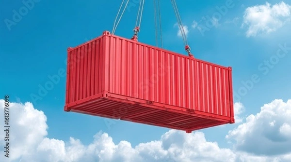 Fototapeta A shipping container being lifted by a crane hook against a bright blue sky with some scattered white clouds.