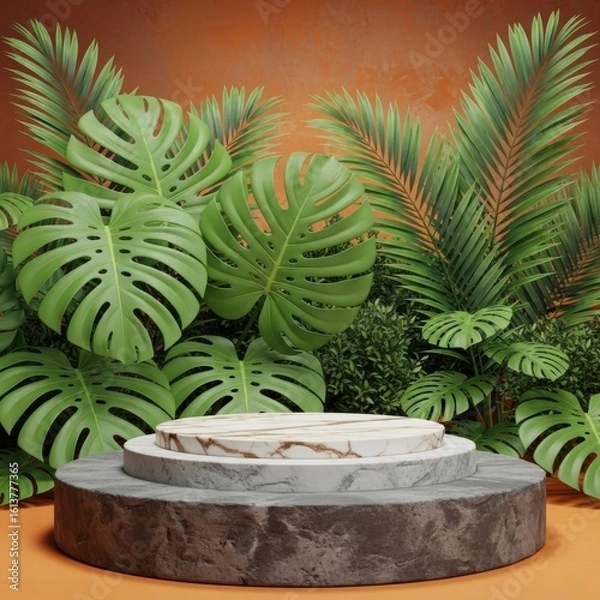 Fototapeta Tiered stone pedestal surrounded by lush tropical greenery and orange background