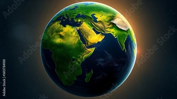 Fototapeta Earth globe floating in space, lush green continents glowing with an atmospheric effect.