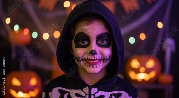 Fototapeta Halloween celebration with child in skeleton costume and face paint surrounded by pumpkins